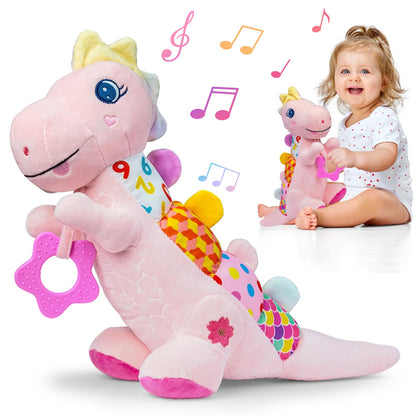 Baby Dino Plush Soft Stuffed Animal Toy for 0-3-6-12+ Months,Infant Musical Toy with Rattle,Squeaker,Sensory Crinkle,Teether & Textures,Tummy Time Toys Christmas Baby Gift for Newborn Girl Boy (Blue)