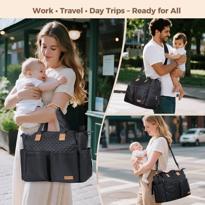 Lekebaby Diaper Bag Tote, 17 Pockets Large Travel Diaper Tote Waterproof with Portable Changing Pad, Mom Crossbody Hospital Bag for Labor Delivery, Baby Essentials for Newborn Gifts, Grey
