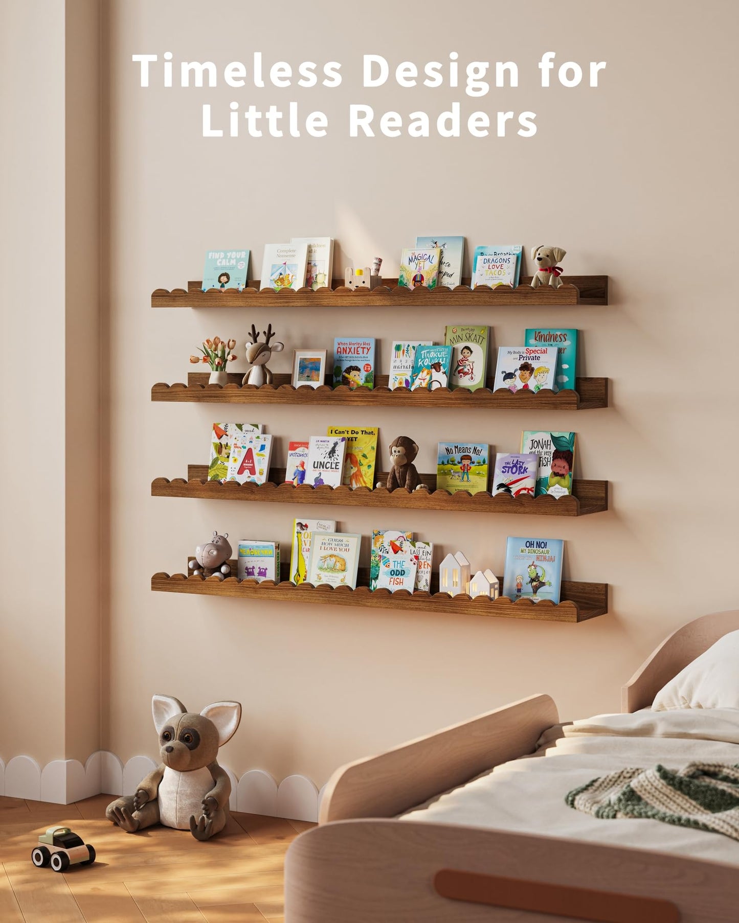 Shario Nursery Book Shelves, 4-Pack White Floating Shelves for Wall Kids, Scalloped Shelves, Wall Book Shelves for Bedroom Kids, Toddler Room, Baby Room, Nursery Decor