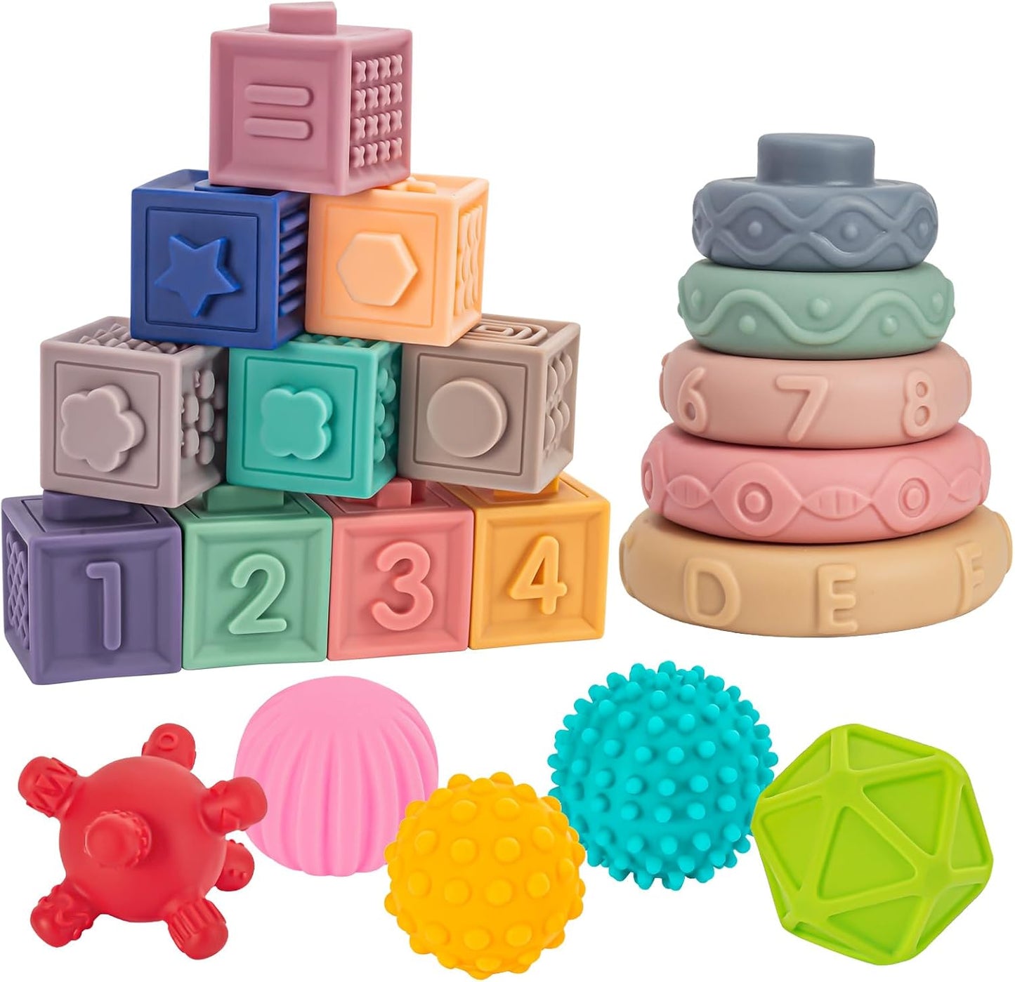 SpringFlower 3 in 1 Montessori Toys for Babies 0-3-6-12 Months, Soft Baby Teething, Stacking Building Blocks for Infants, Sensory Developmental Education Toys for Toddler Baby 12-18 Months,22 PCS