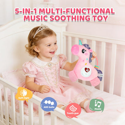 Baby Musical Activity Soft Toys with Sound & Light, Sensory Toys for Infant Developmental with Teether, Rattle and Textures, Soft Plush Toy for Newborn Gift 6 to 12 Months (Pink Unicorn)
