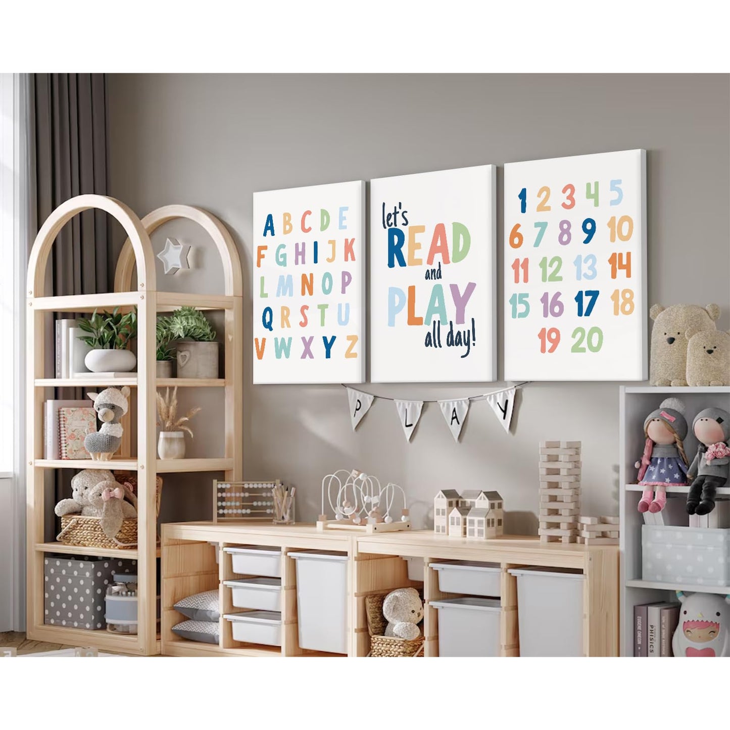 Kids Playroom Wall Art Decor Nursery ABC Alphabet Poster Play Room Canvas Wall Decor Toddler Childrens Educational Artwork Numbers Shapes Prints ABC Picture for Playroom 12x16 Inch Unframed Set of 3