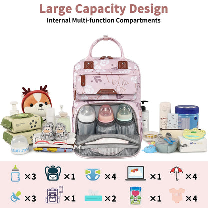 Diaper Bag Backpack, Baby Girl Diaper Bag for Mom, Large Pink Floral Diaper Bag Backpack for Girls, Waterproof Mom Backpack for Work Travel Holiday with Insulated Pockets and Stroller Straps