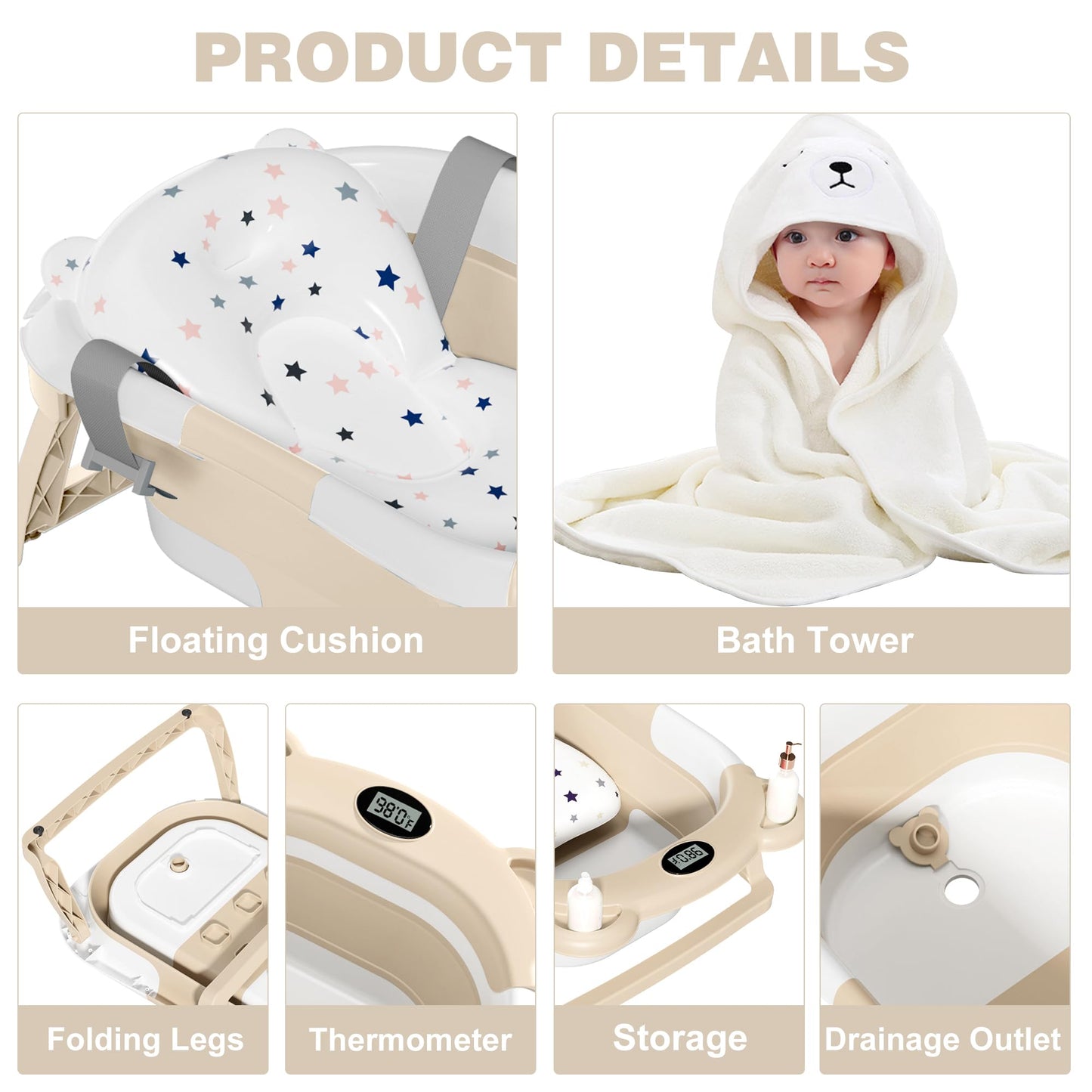 MoreFeel Collapsible Baby Bathtub for Newborn with Thermometer & 1 Hooded Towel & 1 Soft Floating Cushion,Portable Travel Bathtub with Drain Hole, Durable Foldable Baby Tubs for Infants to Toddler