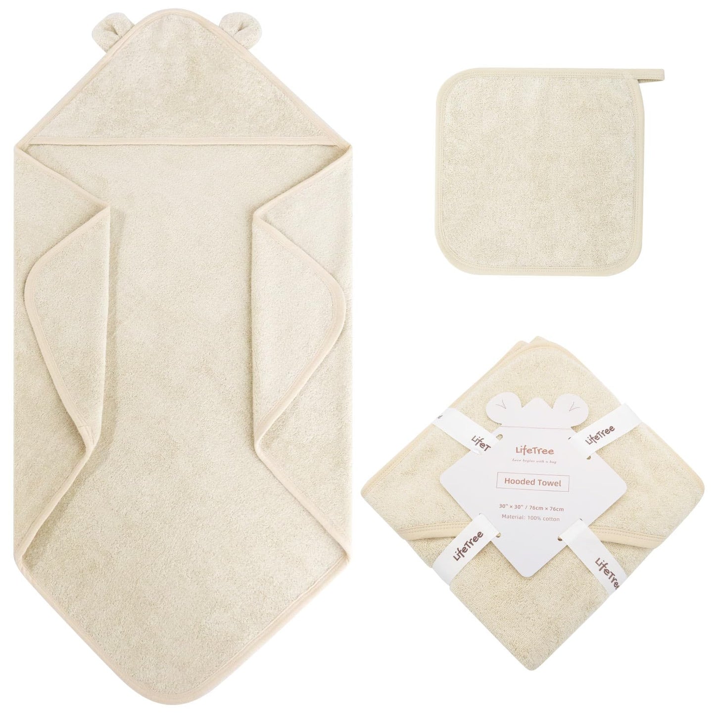 LifeTree 1 Pack Baby Hooded Towel with 1 Pack Washcloth for Newborn, 100% Cotton Bath Towel for Babies, Infant, Toddler and Kids, Thick,Soft and Absorbent, 30 * 30 Inches, Newborn Essentials, Pink