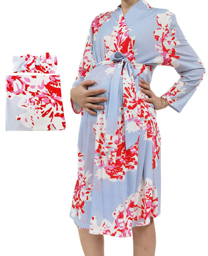SUFEINI Maternity Robe and Matching Baby Swaddle Blanket Set, Mommy Robe with Receiving Blanket Girls Boys Sleepwear