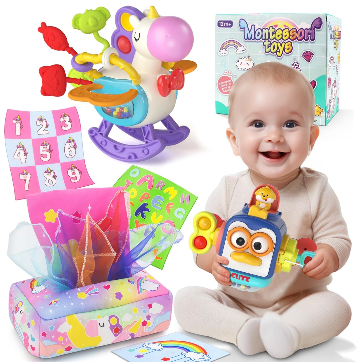 usrela 4 in 1 Baby Toys for 6 12 18 Month, Learning Toys for Babies 6-12 Months, Busy Cube, Stacking Sorter, Piano Xylophone Pull String Travel Toy, Birthday Gifts for Toddlers 1 2 Years Old