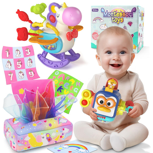 usrela 4 in 1 Baby Toys for 6 12 18 Month, Learning Toys for Babies 6-12 Months, Busy Cube, Stacking Sorter, Piano Xylophone Pull String Travel Toy, Birthday Gifts for Toddlers 1 2 Years Old