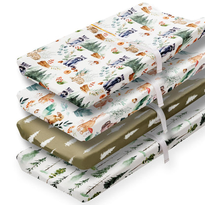 4 Pack Changing Pad Covers Woodland Forest Animals Wood Neutral Unisex Fitted Baby Changing Pad Cover Set for Baby Boys or Girls