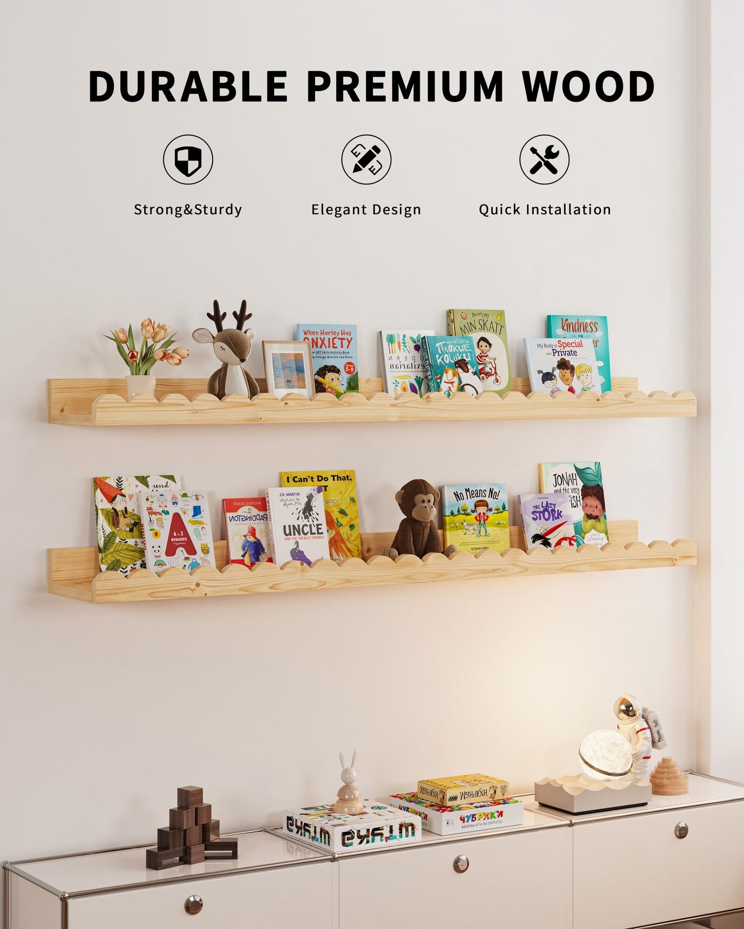 Shario Nursery Book Shelves, 4-Pack White Floating Shelves for Wall Kids, Scalloped Shelves, Wall Book Shelves for Bedroom Kids, Toddler Room, Baby Room, Nursery Decor