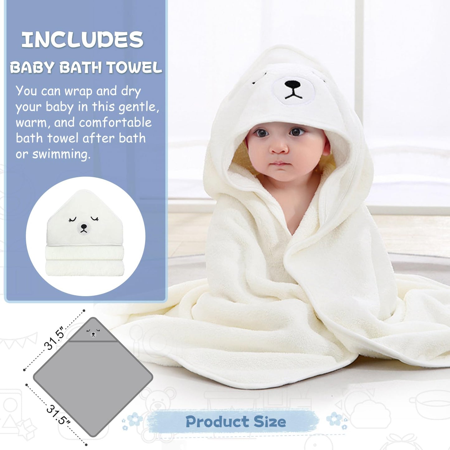 MoreFeel Collapsible Baby Bathtub for Newborn with Thermometer & 1 Hooded Towel & 1 Soft Floating Cushion,Portable Travel Bathtub with Drain Hole, Durable Foldable Baby Tubs for Infants to Toddler