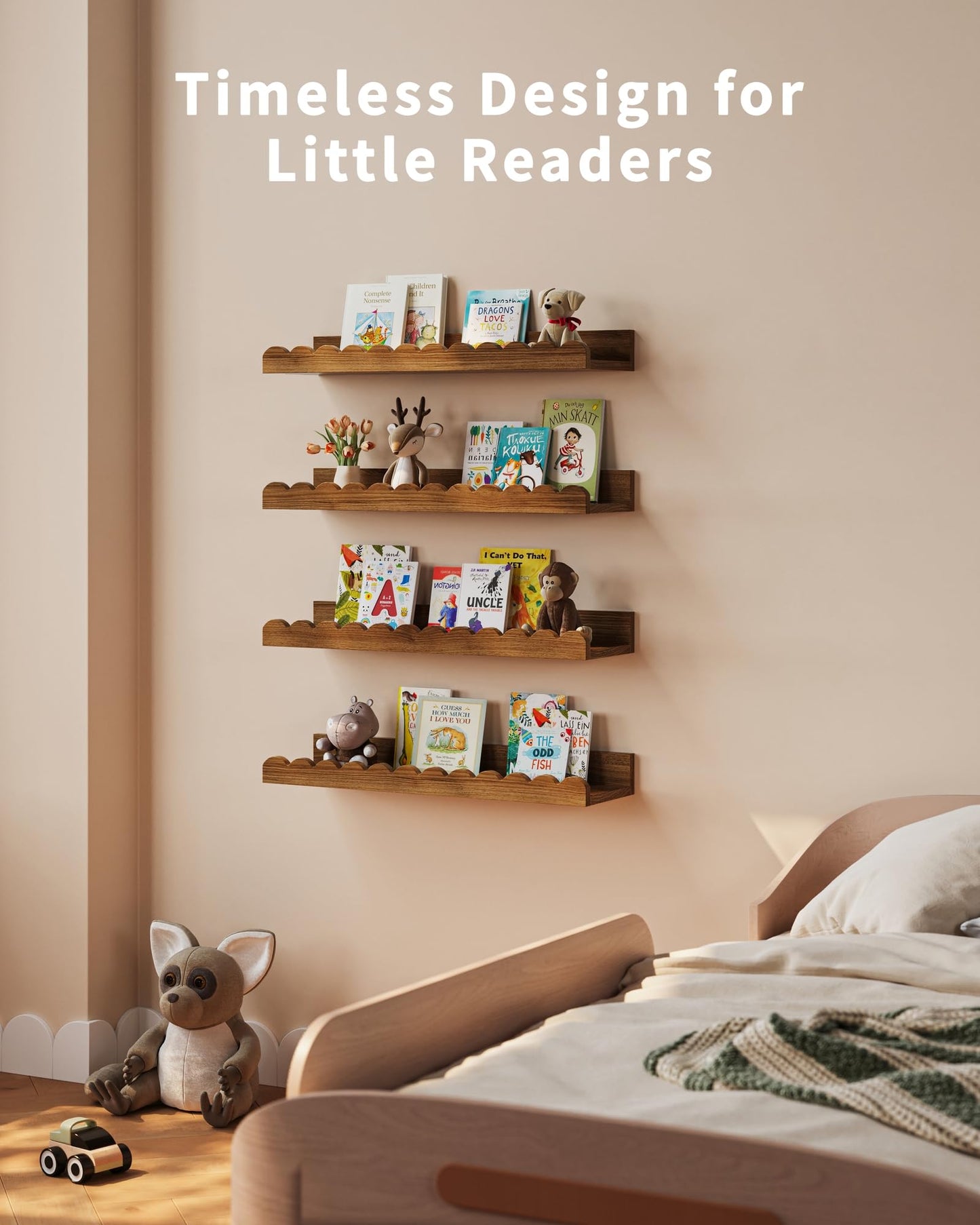 Shario Nursery Book Shelves, 4-Pack White Floating Shelves for Wall Kids, Scalloped Shelves, Wall Book Shelves for Bedroom Kids, Toddler Room, Baby Room, Nursery Decor