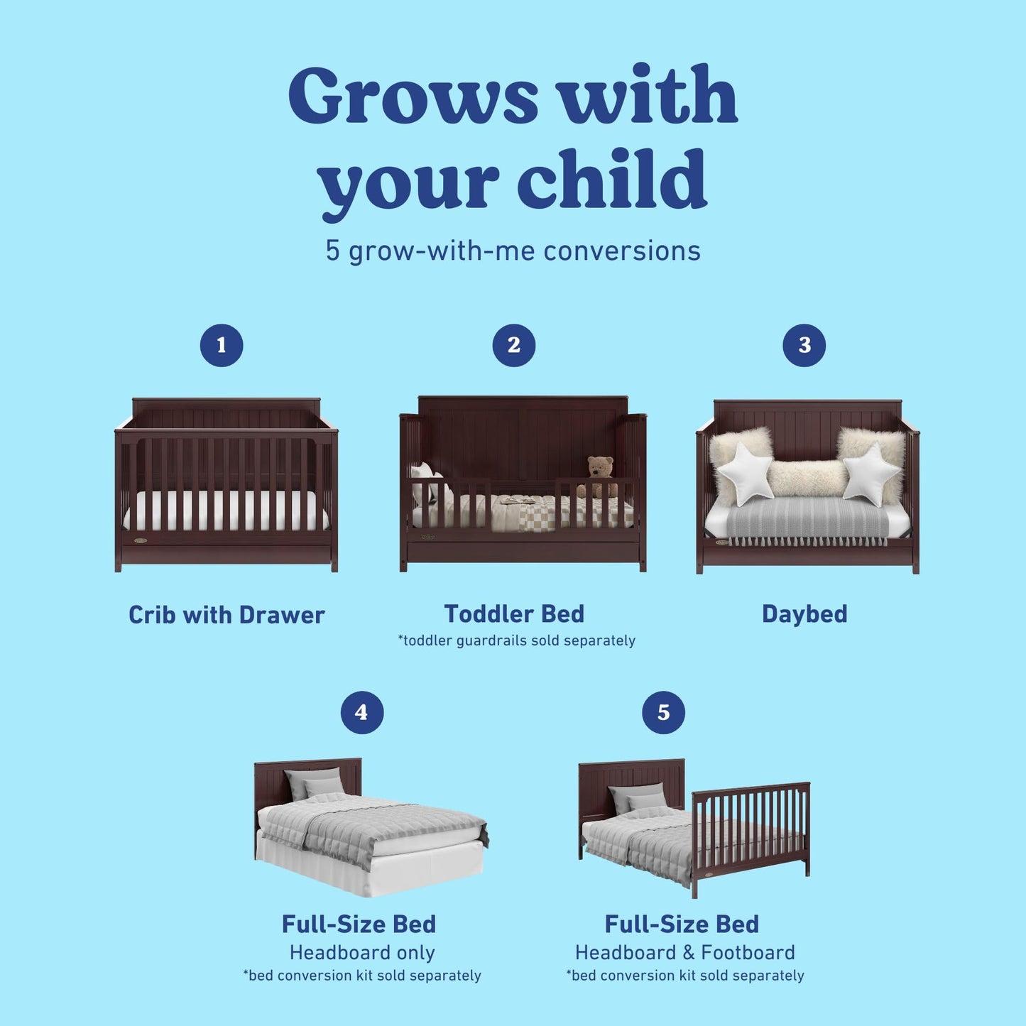 Graco Hadley 5-in-1 Convertible Crib & Changer – GREENGUARD Gold Certified, Fits Standard Crib Mattress, Converts to Toddler Bed and Full Bed, 4 Adjustable Mattress Heights (Pebble Gray)