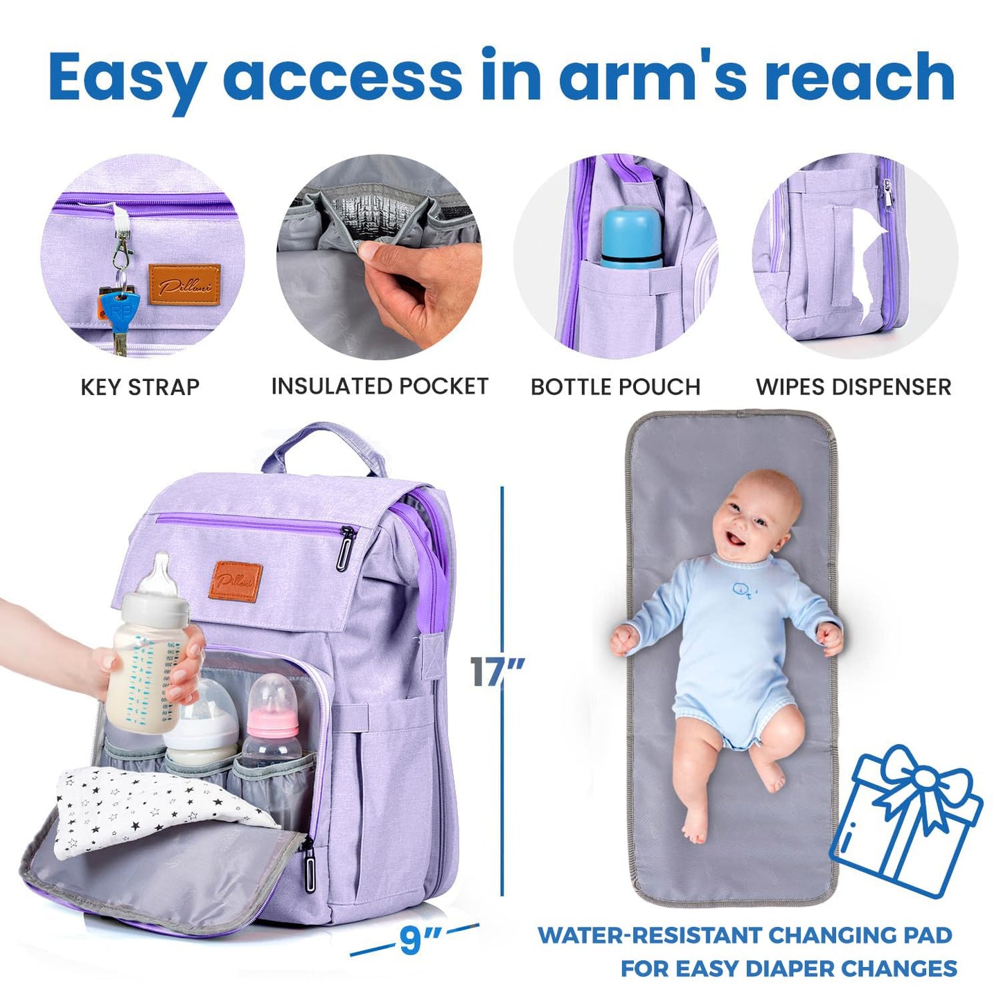 PILLANI Baby Diaper Bag Backpack - Baby Bag for Girls & Boys, Large Waterproof Toddler Diaper Backpack - Baby Shower Gifts & Registry Must Haves - Travel Diaper Bags with Changing Pad - Newborn Stuff