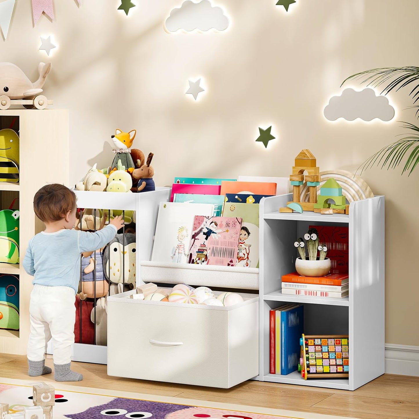 CHOEZON Kids Bookshelf, Children's Toy Storage Rack with Drawer, Display Shelf with Stuffed Animal Organizer, Toddler Bookcase with 3 Shelves, for Bedroom, Playroom, Living Room, White MCW21WB