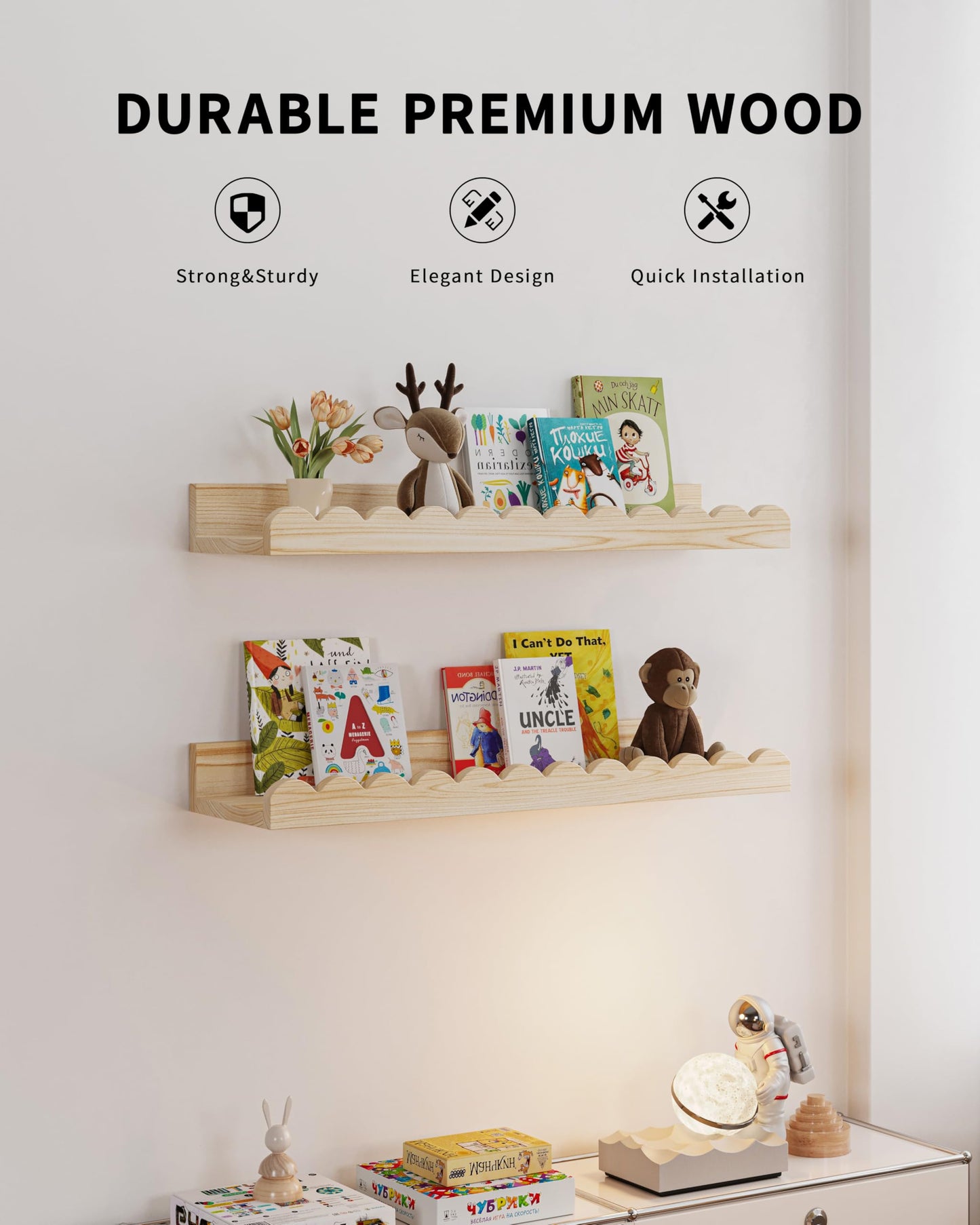Shario Nursery Book Shelves, 4-Pack White Floating Shelves for Wall Kids, Scalloped Shelves, Wall Book Shelves for Bedroom Kids, Toddler Room, Baby Room, Nursery Decor