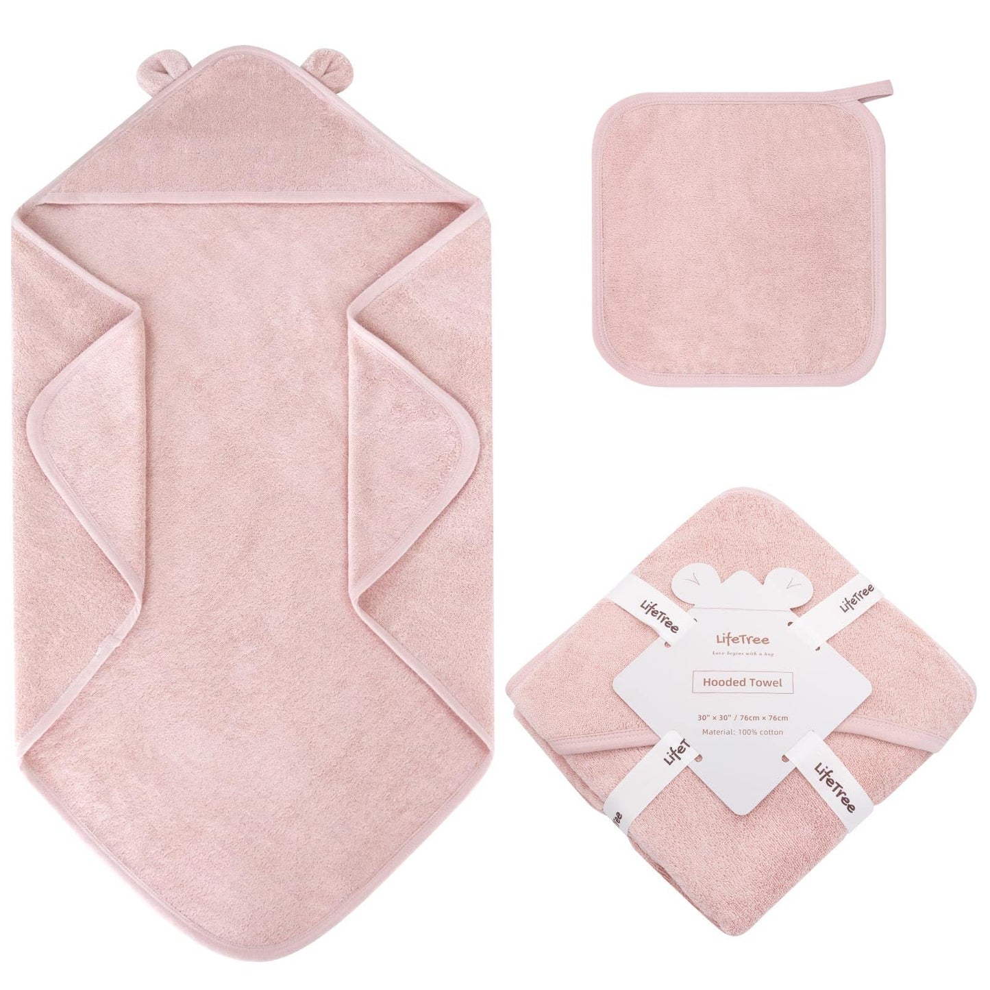 LifeTree 1 Pack Baby Hooded Towel with 1 Pack Washcloth for Newborn, 100% Cotton Bath Towel for Babies, Infant, Toddler and Kids, Thick,Soft and Absorbent, 30 * 30 Inches, Newborn Essentials, Pink