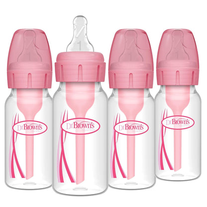 Dr. Brown's Natural Flow Anti-Colic Options+ Narrow Baby Bottle, 8 oz/250 mL, with Level 1 Slow Flow Nipples, 0m+, 4 Pack