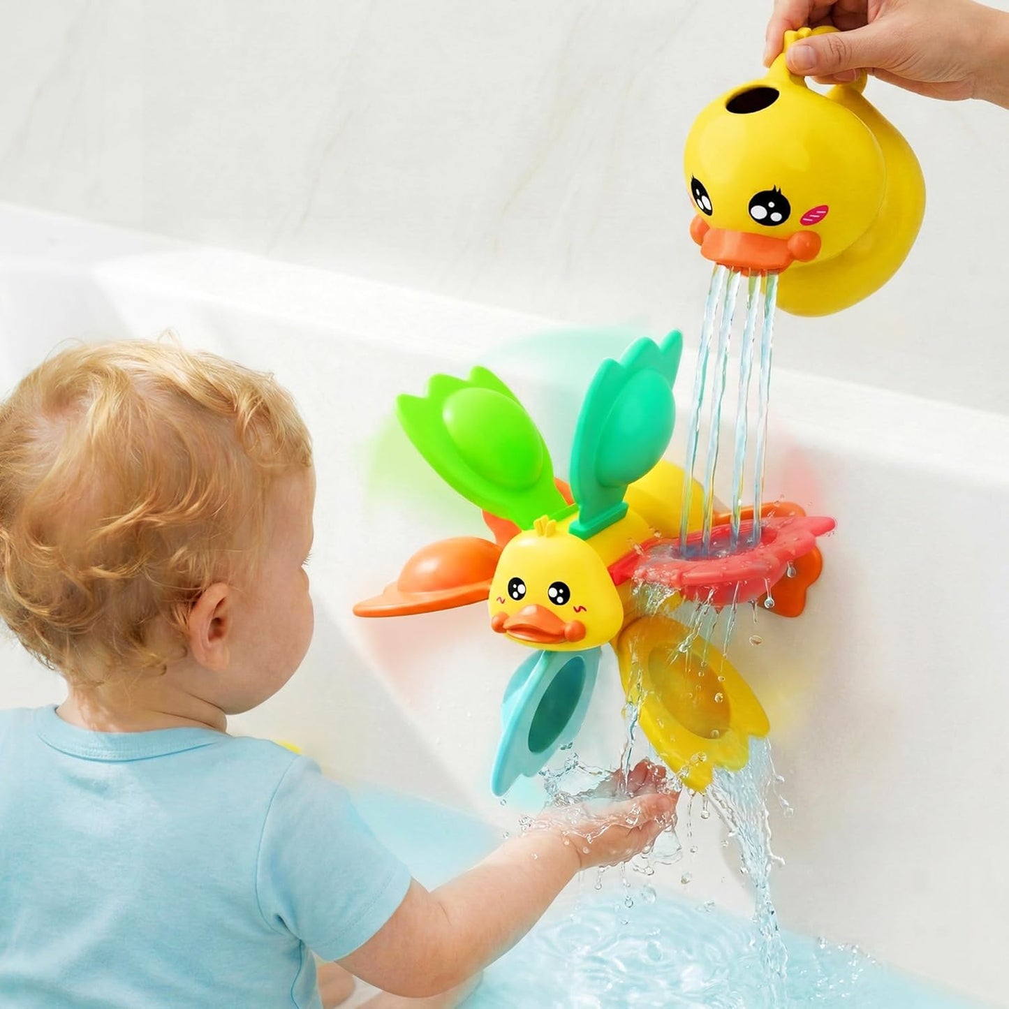 iPlay, iLearn Baby Duck Bath Toy, Toddler Bathtub Shower Toy W/ Suction Spin Gear, Floating Animals, Fishing Net Pool Water Play, Birthday Easter Gift 6 12 18 Month Infant 1 2 3 Year Old Kid Boy Girl