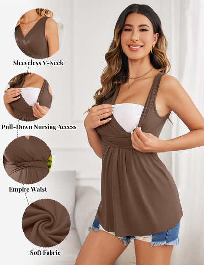 Ekouaer Women's Maternity Tank Tops 3 Packs Sleeveless Nursing Tops V Neck Breastfeeding Shirts Pregnancy Clothes