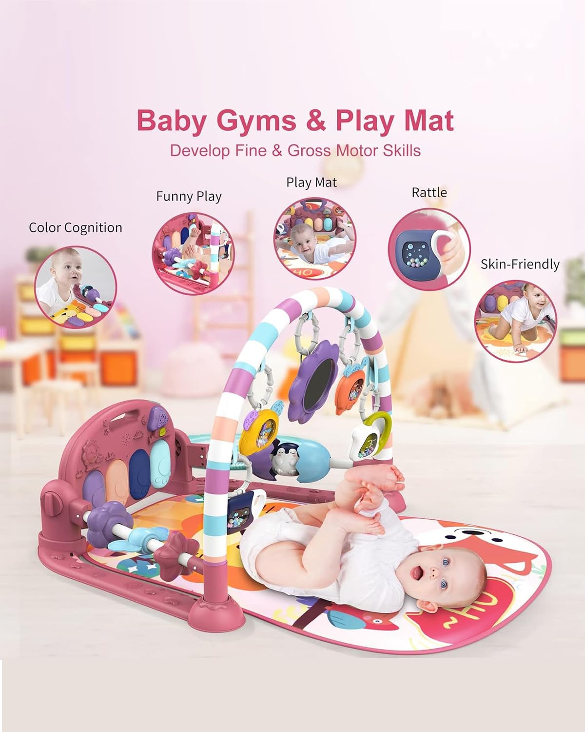 dearlomum Baby Play Mat Gym, Funny Play Piano Tummy Time Activity Mat with 5 Infant Sensory Toys, Music and Lights, Boy & Girl Gifts for Newborns 0 to 3 6 9 12 Months (Pink)