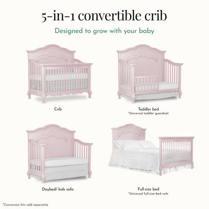 Evolur Aurora 5-in-1 Convertible Full-Size Baby Crib in Ivory Lace, GreenGuard Gold & JPMA, 3 Mattress HeightsRibbon Bow Scrollwork & Queen Anne Feet, Converts to Toddler, Day & Full-Size Bed