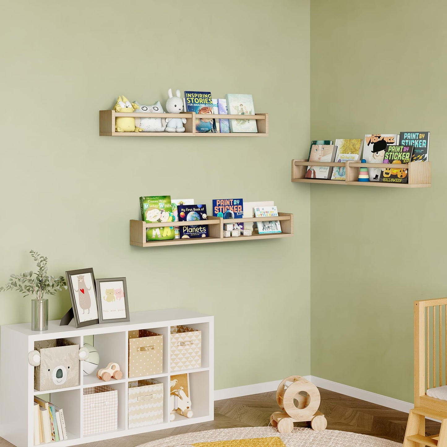 Fixwal Nursery Book Shelves, 16.5 Inch Floating Bookshelves for Wall Set of 3, Baby Nursery Decor, Solid Wood Wall Mounted Shelves for Books, Toys and Decor Storage (Brown)