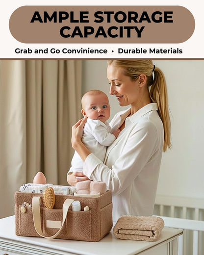 Baby Diaper Caddy Organizer with Portable Changing Mat - Teddy Fleece Diaper Organizer for Changing Table - Basket for Changing Essentials - Baby Essentials Organizer with Removable Dividers