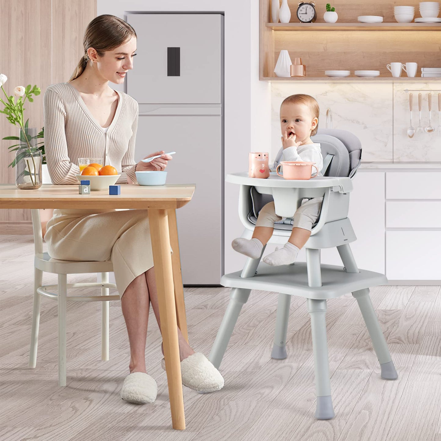 HONEY JOY 8 in 1 Baby High Chair, Convertible Highchair for Babies and Toddlers/Table and Chair Set/Building Block Table/Booster Seat/Stool/Toddler Chair with Safety Harness (Wave Gray)