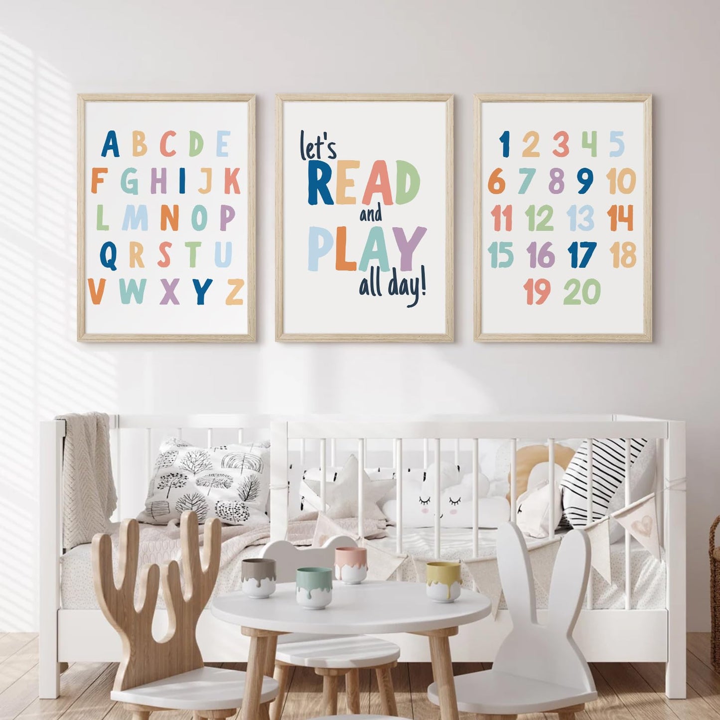Kids Playroom Wall Art Decor Nursery ABC Alphabet Poster Play Room Canvas Wall Decor Toddler Childrens Educational Artwork Numbers Shapes Prints ABC Picture for Playroom 12x16 Inch Unframed Set of 3
