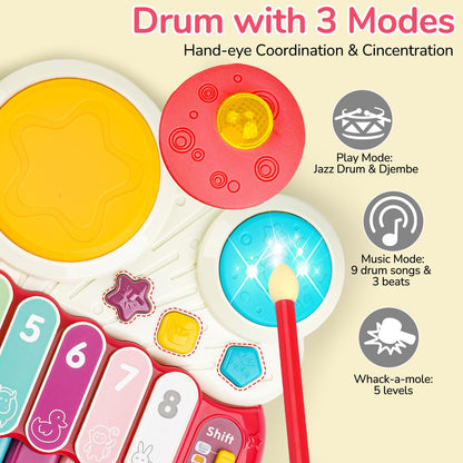 Baby Piano Drum Set for Toddlers 1-3, Musical Toys 3 In 1 Baby DJ Table Piano Keyboard Xylophone Instruments for 1 2 Year Old Boys Girls Music & Light Activity Table 6-12-18 Months Old Birthday Gifts