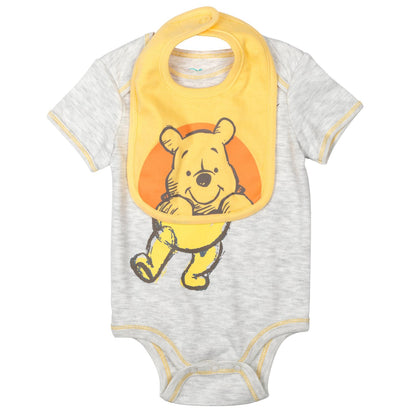 Disney Winnie the Pooh Baby 4-Piece Bodysuit Pants Bib and Hat Set Newborn to Infant