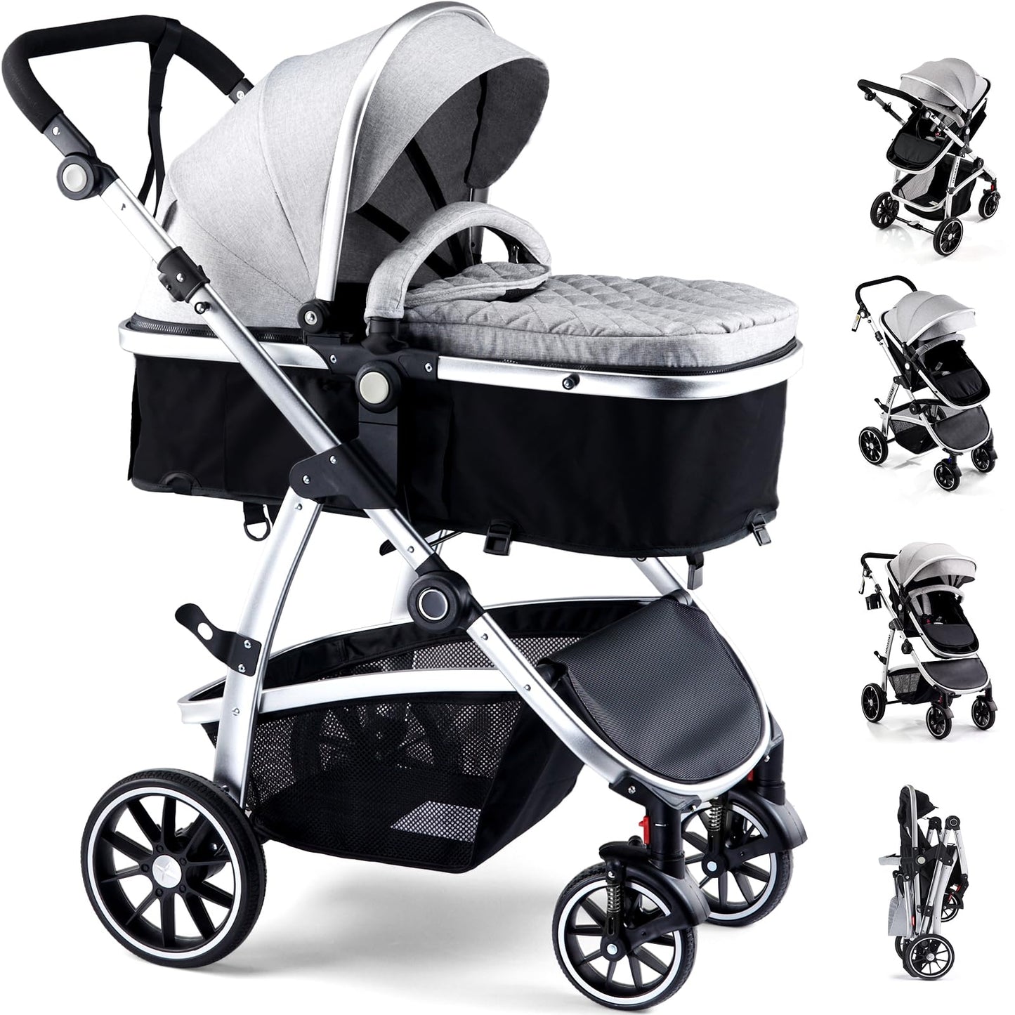 Hagaday Baby Stroller, 2-in-1 Reversible Toddler Seat with Bassinet Mode, Foldable Infant Stroller with Canopy, One Button Brake, Adjustable Handle, Newborn Pushchair(Blue)