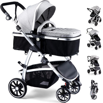 Hagaday Baby Stroller, 2-in-1 Reversible Toddler Seat with Bassinet Mode, Foldable Infant Stroller with Canopy, One Button Brake, Adjustable Handle, Newborn Pushchair(Blue)