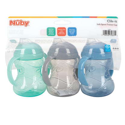 Nuby Clik-It Grip N' Sip Soft Spout No-Spill Training Sippy Cup with Handles - (3-Pack) 10 oz - 4+ Months - Aqua/Purple/Pink