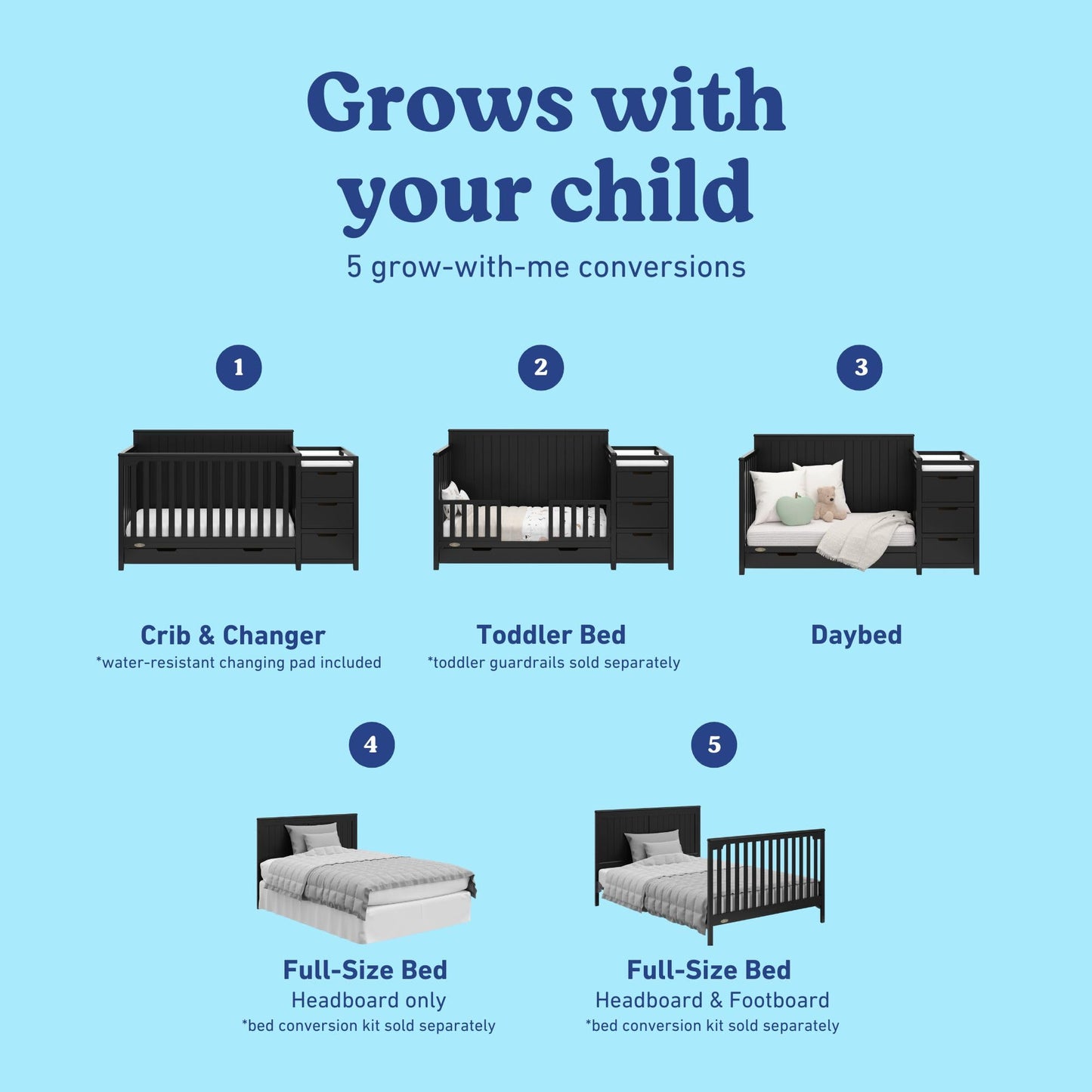 Graco Hadley 5-in-1 Convertible Crib & Changer – GREENGUARD Gold Certified, Fits Standard Crib Mattress, Converts to Toddler Bed and Full Bed, 4 Adjustable Mattress Heights (Pebble Gray)