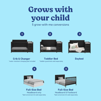 Graco Hadley 5-in-1 Convertible Crib & Changer – GREENGUARD Gold Certified, Fits Standard Crib Mattress, Converts to Toddler Bed and Full Bed, 4 Adjustable Mattress Heights (Pebble Gray)