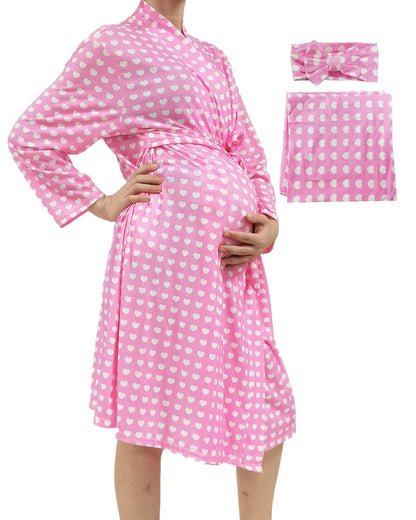 SUFEINI Maternity Robe and Matching Baby Swaddle Blanket Set, Mommy Robe with Receiving Blanket Girls Boys Sleepwear