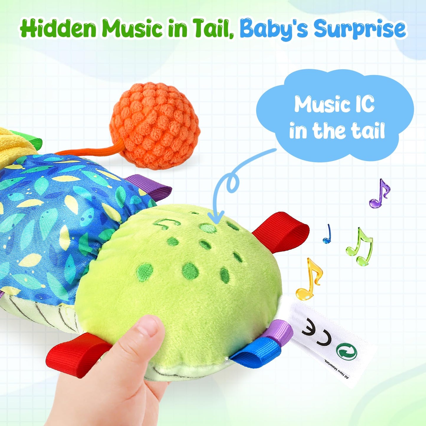 Baby Sensory Toys for 0-6 6-12 Months, Musical Stuffed Caterpillar Animal Toys for Infant 3 6 9 12 18 Months, Tummy Time Toys with Mirror Rattle Crinkle for Newborn Boys Girls Shower Gifts