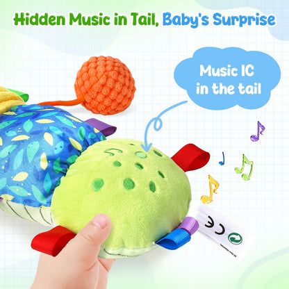 Baby Sensory Toys for 0-6 6-12 Months, Musical Stuffed Caterpillar Animal Toys for Infant 3 6 9 12 18 Months, Tummy Time Toys with Mirror Rattle Crinkle for Newborn Boys Girls Shower Gifts