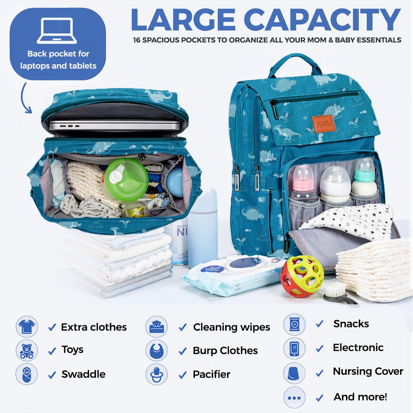 PILLANI Baby Diaper Bag Backpack - Baby Bag for Girls & Boys, Large Waterproof Toddler Diaper Backpack - Baby Shower Gifts & Registry Must Haves - Travel Diaper Bags with Changing Pad - Newborn Stuff