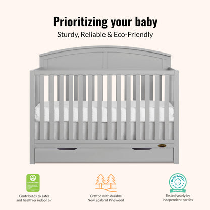 Dream On Me Storybrooke 5-in-1 Convertible Full-Size Crib with Under Drawer, White, GreenGuard Gold & JPMA, Convert to Toddler, Day & Full-Size Bed, 3 Mattress Heights, Sustainable Pinewood