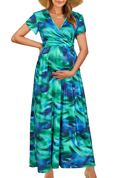 OUGES Maternity Maxi Dress Wrap Baby Shower Pregnancy Dresses for Photoshoot Maternity Outfits Summer Clothes 2026