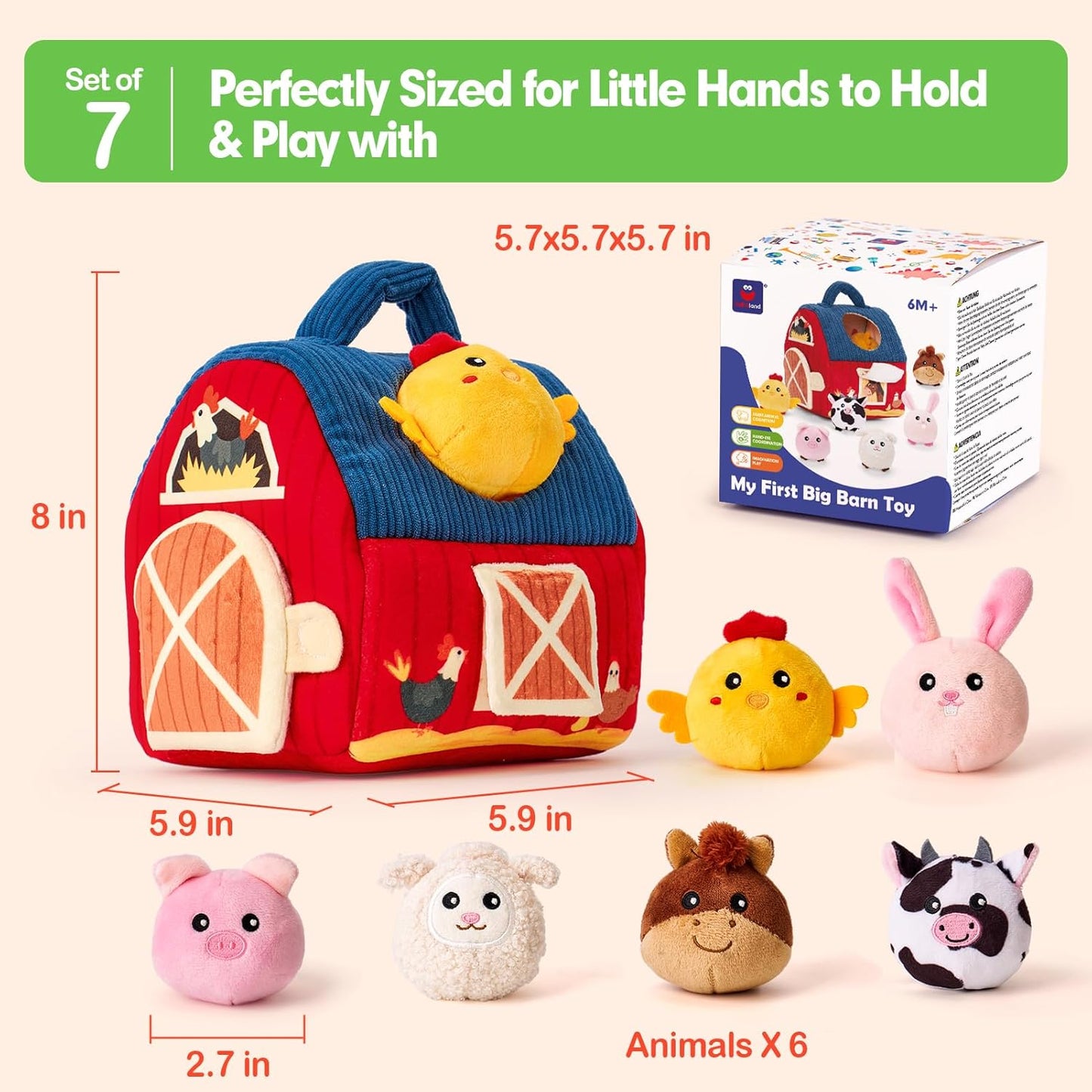 hahaland Baby Toys 6-12 Months - Surprise Barn Stuffed Farm Animals, Rattle, Crinkle, Mirror, Montessori Toys for 6 Month Old Sensory Balls 1-3, Baby Boy Gifts, Farm Plush Toys for Babies Travel Toy