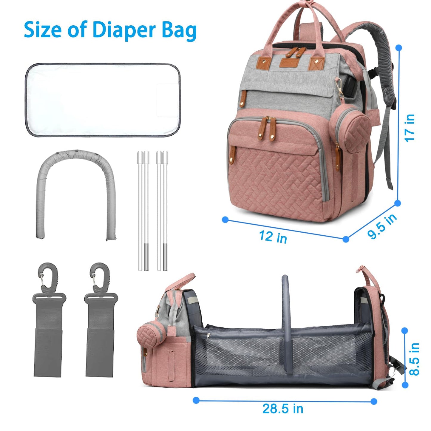Jeryswet Baby Diaper Bags with Changing Station, Waterproof Large Capacity Diaper Bag Backpack for Moms Dads with USB Charging Port and Stroller Straps, Baby Shower Gifts, Grey