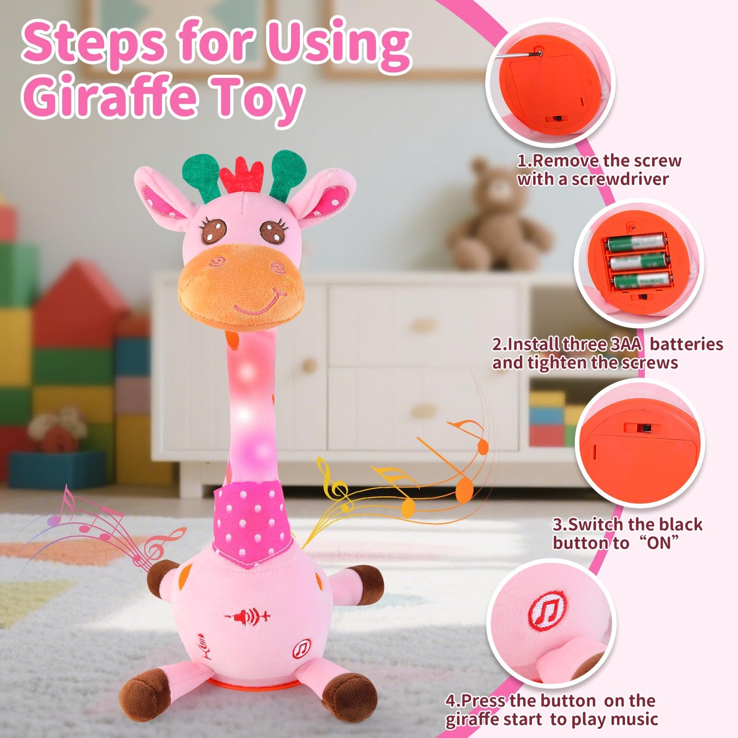 Emoin Dancing Talking Giraffe Baby Toy, Adjustable Volume Baby Giraffe Toys Singing 10 Children's Songs Singing Mimicking Recording Repeating What You Say for Toddlers