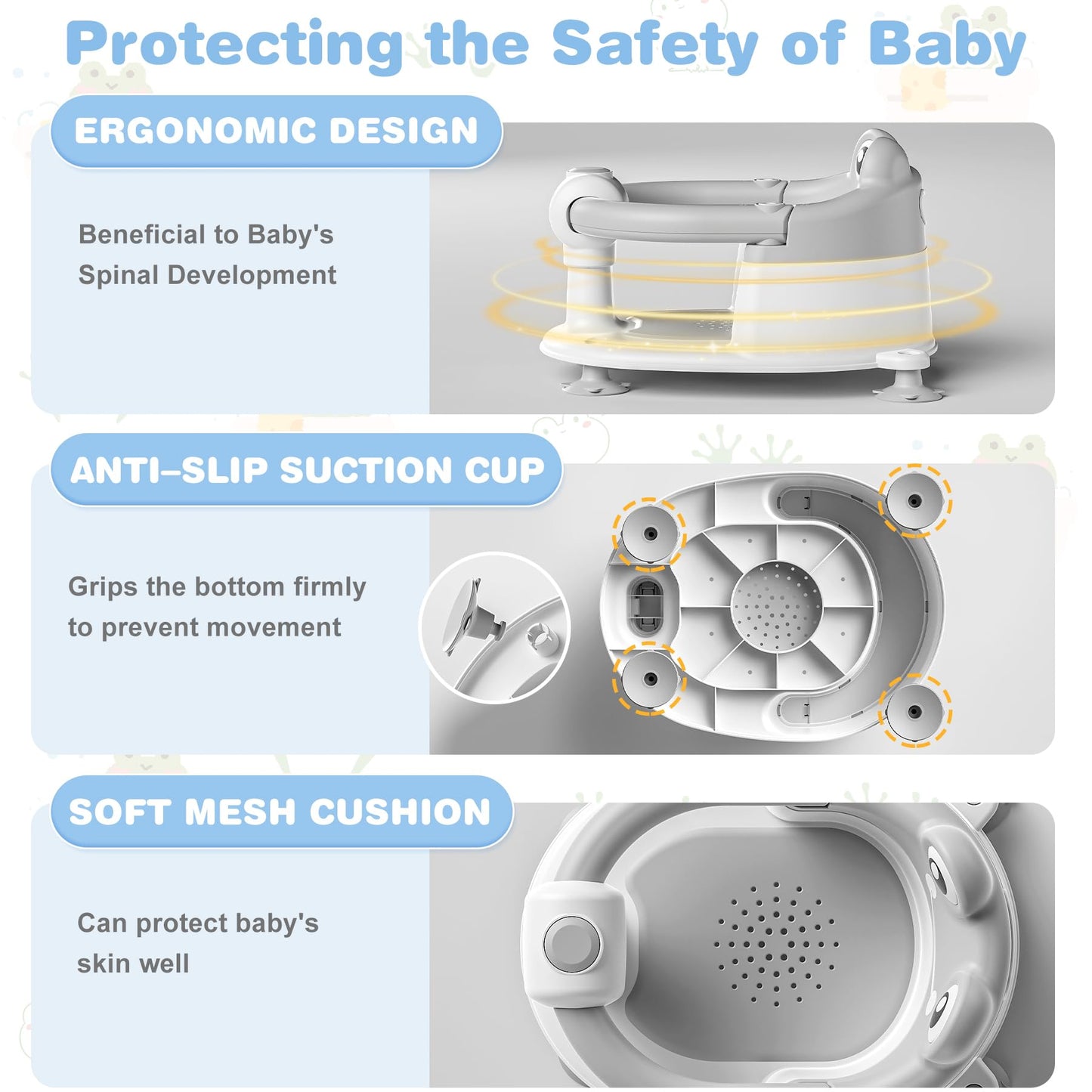 Baby Bath Seat for Babies 6 Months & up Non-Slip Toddler Bath Seats for Sitting Up Infant Bathtub Chair with Suction Cups and Soft Cushion for Baby Shower Tub Seat