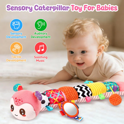 Baby Sensory Toys for 0-6 6-12 Months, Musical Stuffed Caterpillar Animal Toys for Infant 3 6 9 12 18 Months, Tummy Time Toys with Mirror Rattle Crinkle for Newborn Boys Girls Shower Gifts