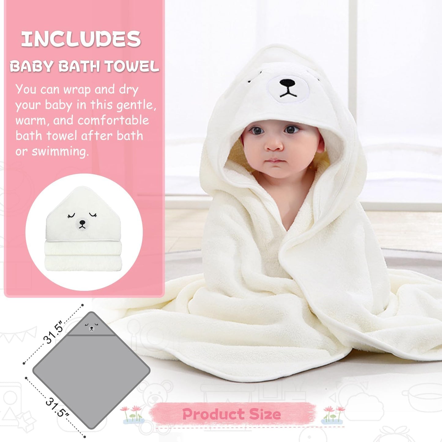 MoreFeel Collapsible Baby Bathtub for Newborn with Thermometer & 1 Hooded Towel & 1 Soft Floating Cushion,Portable Travel Bathtub with Drain Hole, Durable Foldable Baby Tubs for Infants to Toddler