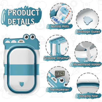 MoreFeel Collapsible Baby Bathtub for Newborn with Thermometer & 1 Hooded Towel & 1 Soft Floating Cushion,Portable Travel Bathtub with Drain Hole, Durable Foldable Baby Tubs for Infants to Toddler